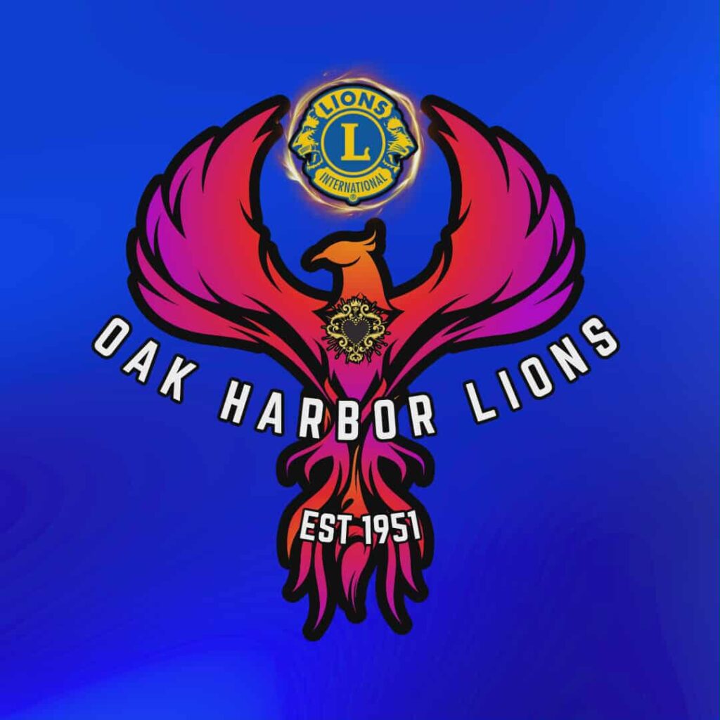 Logo - a brilliant pink phoenix rising up and holding the Lions Logo. Text says" Oak Harbor Lions est. 1951