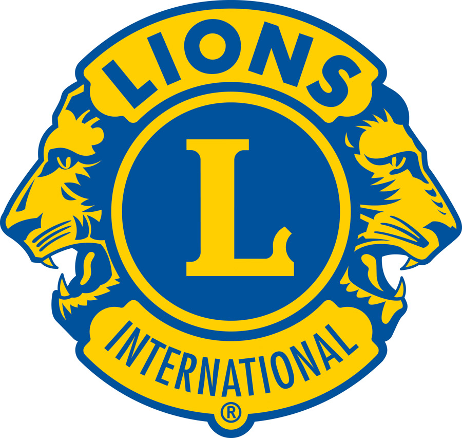Lions International Logo. Two Lion heads facing away from each other. Large "L" in the center. Logo says LIONS on top and INTERNATIONAL on the bottom